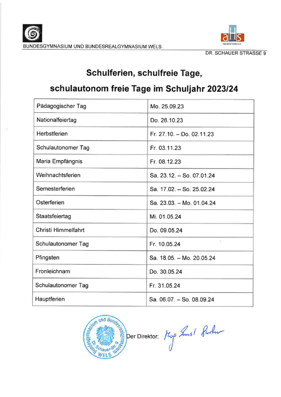 Schulferien, schulfreie Tage, schulautonom freie Tage im Schuljahr 2023